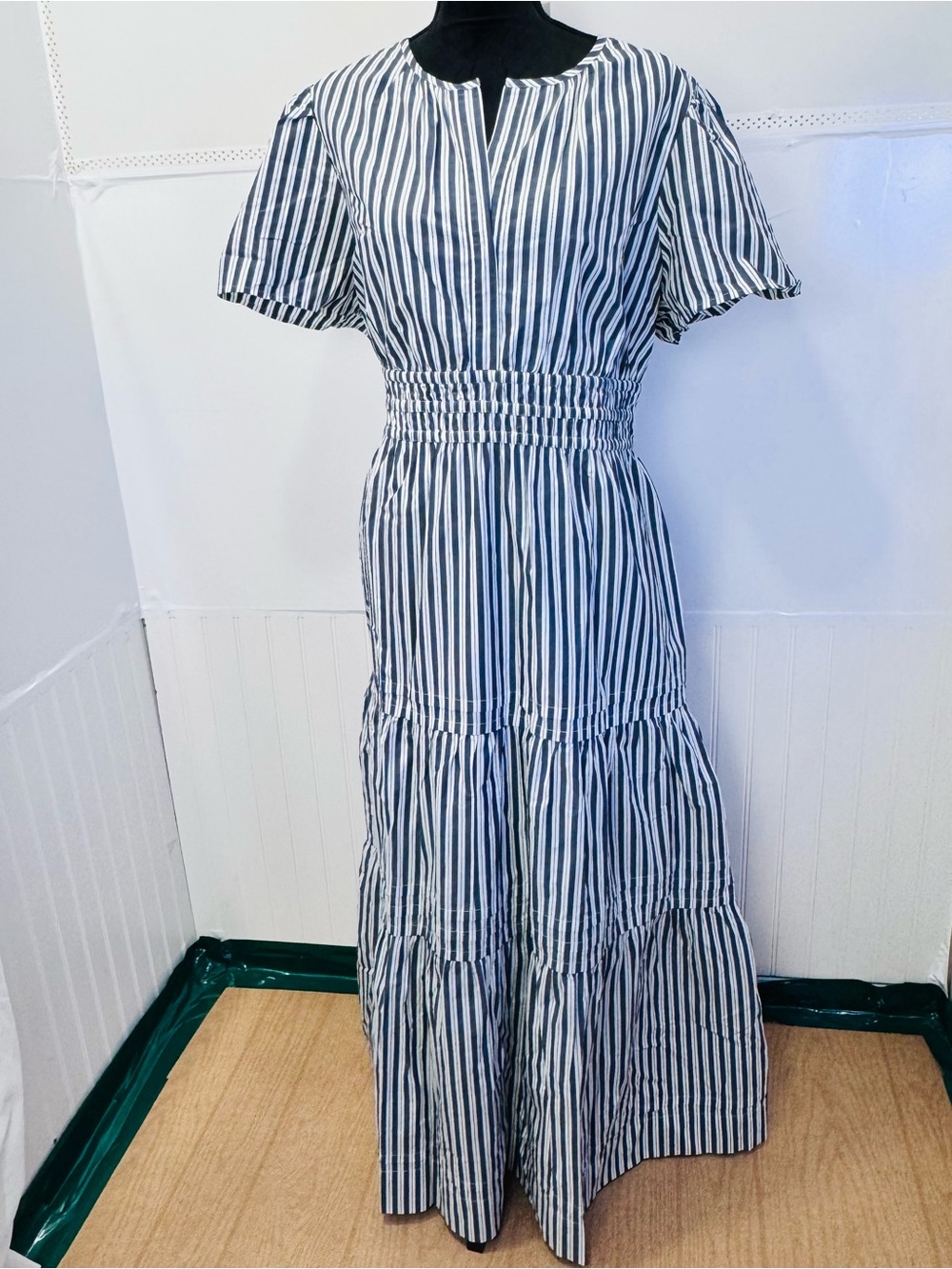 Quince XL Organic Cotton Tiered Maxi Dress Blue Stripe Cottagecore NWT